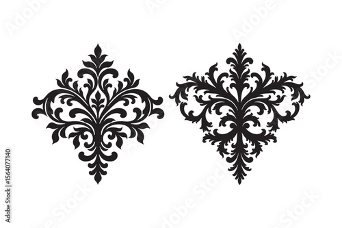 Elegant black damask flourishes with intricate swirling floral designs