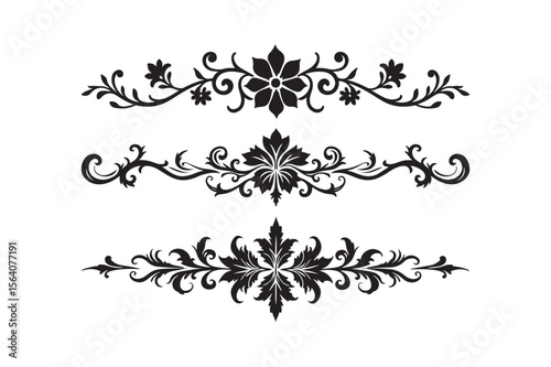 Elegant black floral swirl ornaments and flourishes on white background