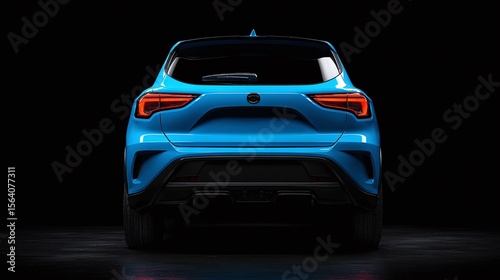 Rear view of a blue hatchback showcasing its sleek design. Clean lines and modern lighting accentuate its aerodynamic form. Ideal for urban commuting. photo