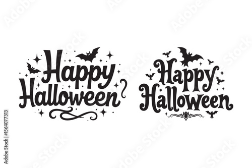 Happy Halloween lettering with bats and stars in black and white