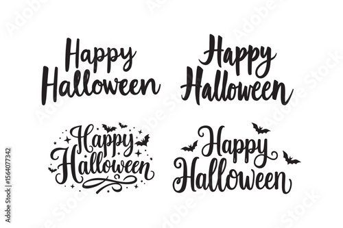 Happy Halloween calligraphy designs with bats and stars