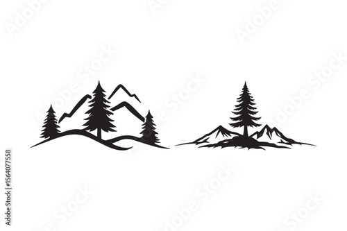 Stylized silhouette of pine trees and jagged mountains in black and white