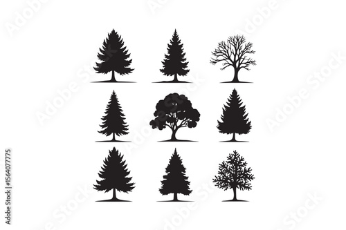 Collection of black silhouette trees including pine and deciduous varieties