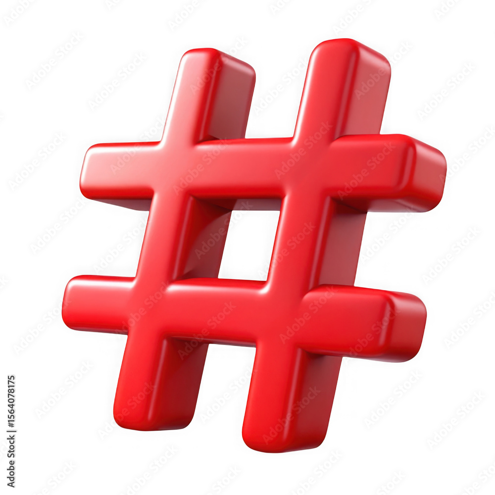 Obraz premium Glossy red hashtag symbol render on transparent background