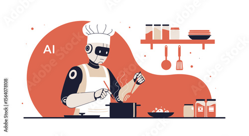 Artificial Intelligence Chef Preparing Meal In The Kitchen Flat Illustration