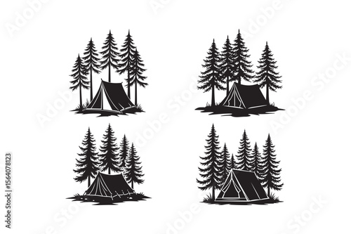 Black silhouette camping tents nestled among pine trees