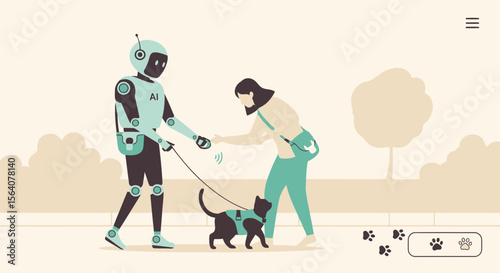 Artificial Intelligence Helping Woman With Her Pet Cat On a Relaxing Walk