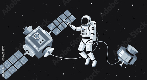 Astronaut Maintaining Satellite In Outer Space Against Starry Sky Backdrop
