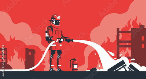 Brave Ai Firefighter Robot Extinguishing Flames In Burning City Building