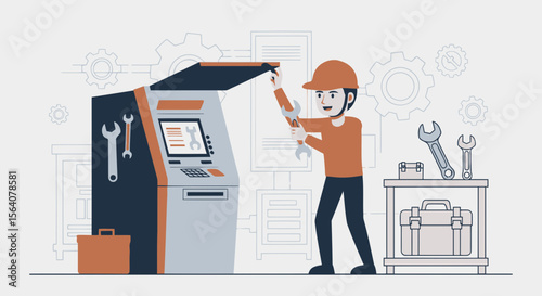 Atm Machine Repair Technician Doing Maintenance Service Wearing Hard Hat