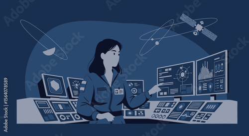 Astronaut Monitoring Spacecraft Navigation Data In Control Room Illustration