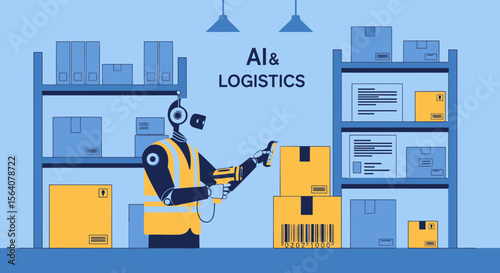 Automated Logistics Robot Scanning Packages In Warehouse With Shelves Concept