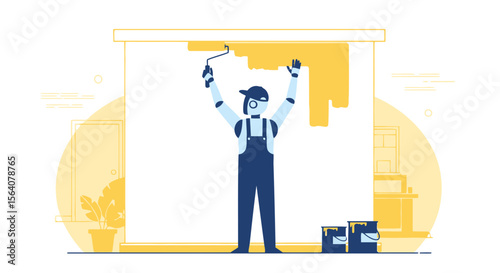 Autonomous Renovation Robot Painting Wall With Roller Brush In Interior Decor Concept