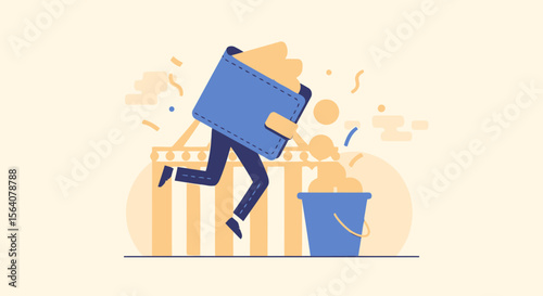 Character With A Wallet Head Running Away From Empty Money Bucket