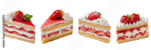 Set of Delicious strawberry cream cake slice with strawberry garnish isolated on a transparent background