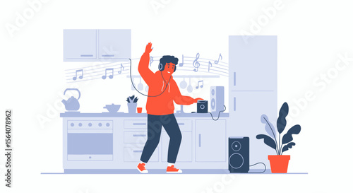 Cheerful Man Enjoying Music And Dancing At Home In The Kitchen