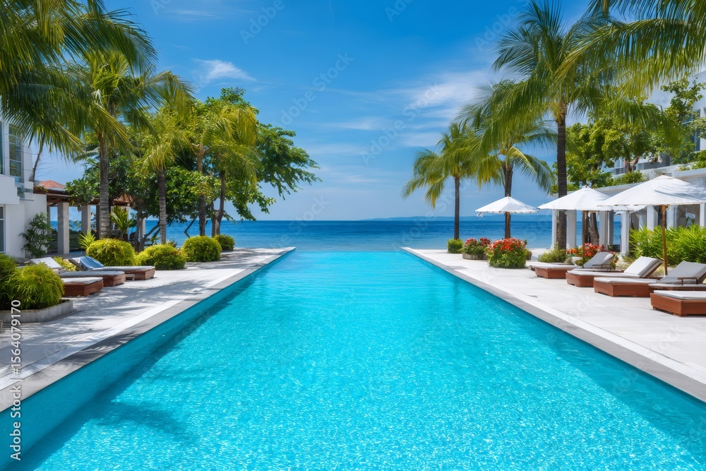 Fototapeta premium Infinity pool overlooking tranquil ocean in tropical paradise