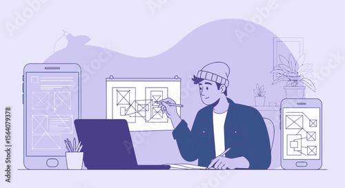 Creative Designer Developing Mobile Application Interface Wireframe At Workplace