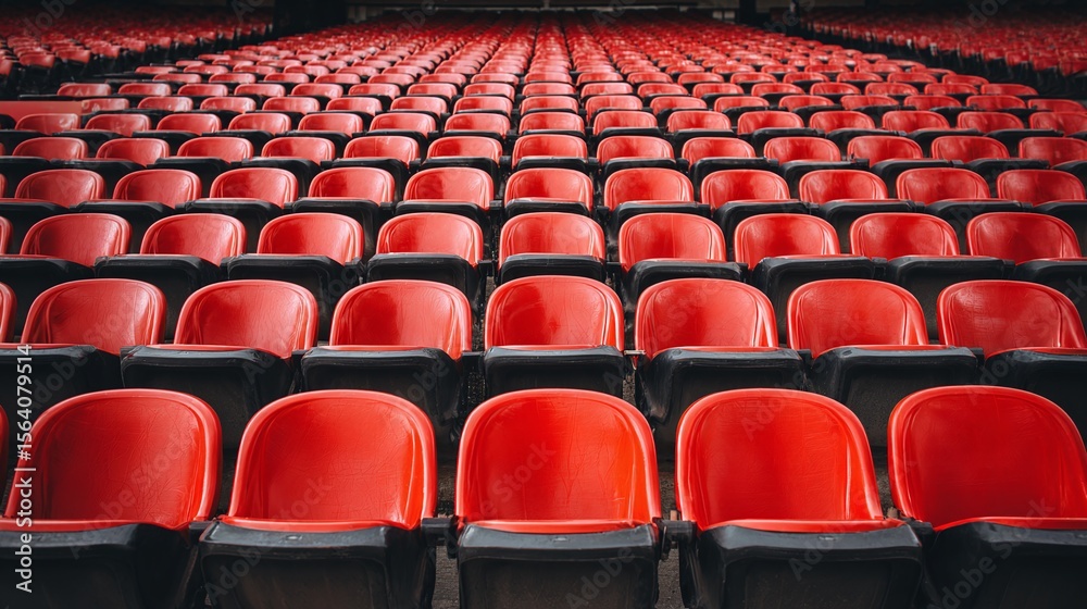 Fototapeta premium Endless Rows of Stadium Seating: A sea of identical seats stretch into the distance. Red and black chairs create an imposing yet structured pattern.