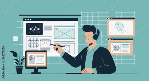 Creative Man Developing User Interface Design For Website Or Mobile App On Computer
