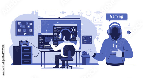 Creative Gamer At Desk With Multiple Screens Illustrative Vector Art