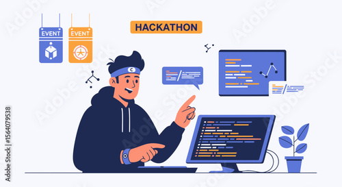 Creative Man Participating In Hackathon Event Solving Programming Problems