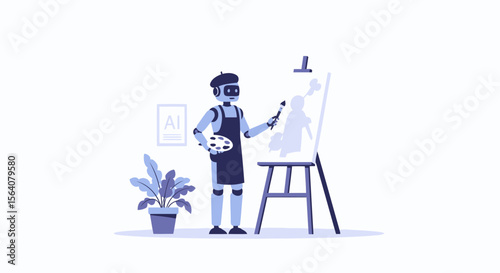 Creative Robot Artist Painting On Canvas With Brush Technology Concept