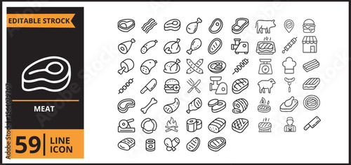 Meat Food Cooking Line Icons Set - 59 Outline Vector Icons Collection