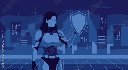 Cybernetic Guardian Stands Watchful Over Futuristic Cityscape at Night in Dark Blue Tone