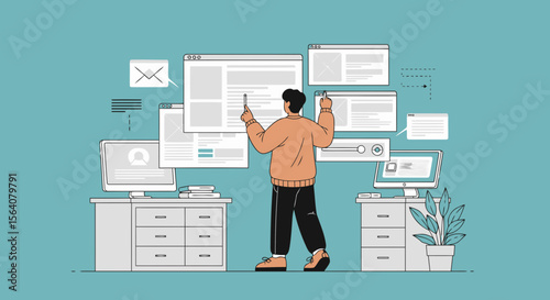 Creative Workflow: Man Managing Digital Projects and Website Design Concept