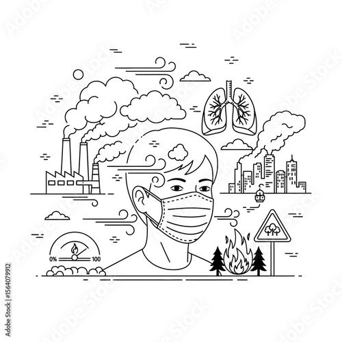 A black and white line art illustration depicts air pollution with smog, factories, and a person wearing a mask