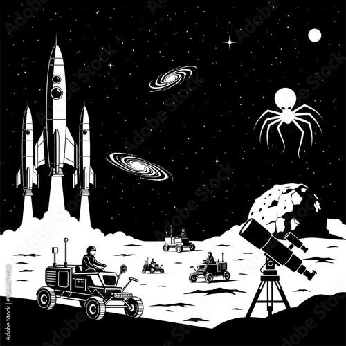 A black and white illustration depicts astronauts exploring the moon with rockets, rovers, and telescopes under a starry sky