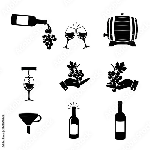 Wine icons showing bottles, glasses, grapes, and barrels isolated on white background