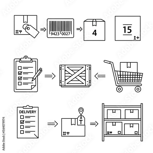 A diagram illustrating the logistics and shipping delivery process with boxes, barcodes, and checklists isolated on white background