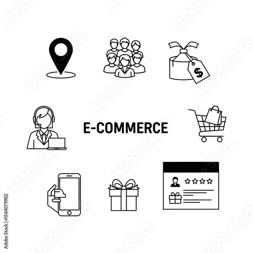 Ecommerce icons showing online shopping, delivery, customer feedback, and support isolated on white background