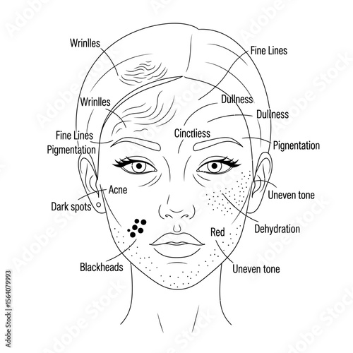 A diagram of a womans face showing various skin problems like acne, wrinkles, and pigmentation isolated on white background