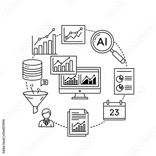 A circular diagram of data analysis with charts, graphs, and artificial intelligence elements isolated on white background