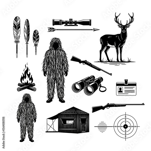 Hunting equipment and wildlife including a deer, rifle, and ghillie suit isolated on white background