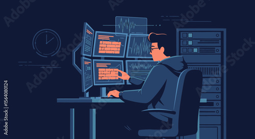 Data Scientist Working Late Night Analyzing Market Trends With Multiple Computer Screens