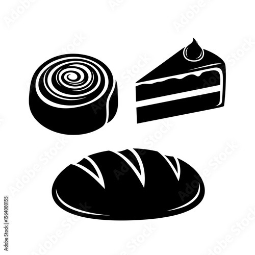 A cinnamon roll, slice of cake, and loaf of bread are displayed as bakery icons isolated on white background