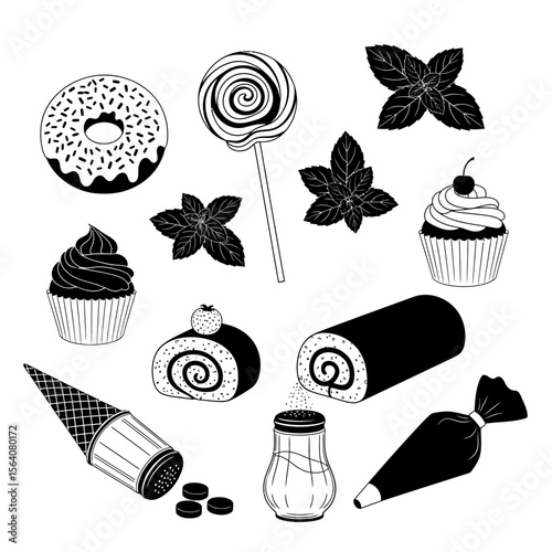 A collection of desserts including donuts, cupcakes, and rolls with mint leaves isolated on white background