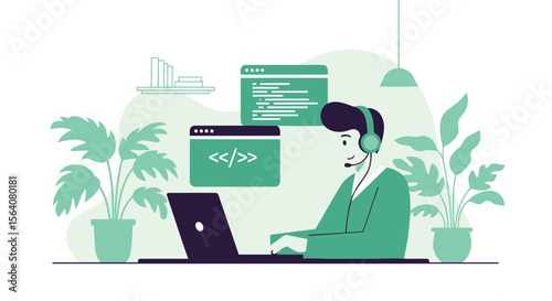 Dedicated Coder Working Remotely From Home Office With Laptop And Headset