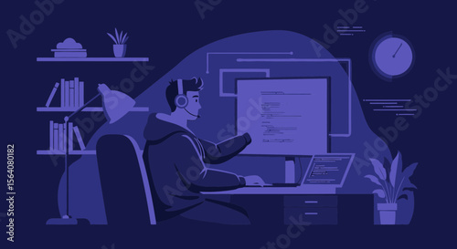 Dedicated Coder In Comfortable Workspace Illustration Focused On Computer Code Tasks