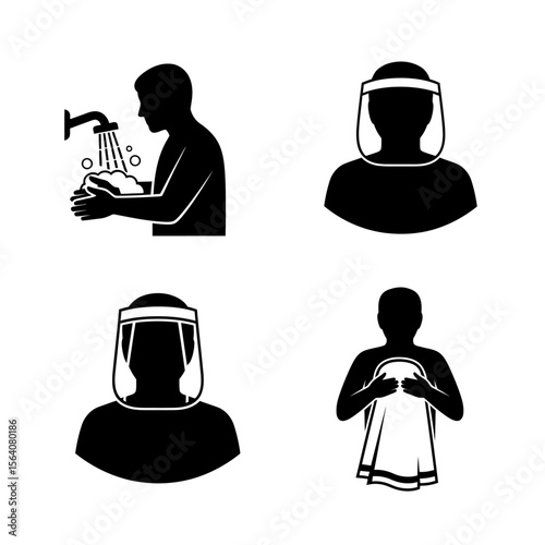 Icons depict washing hands, wearing a face shield, and drying off with a towel for personal hygiene and safety