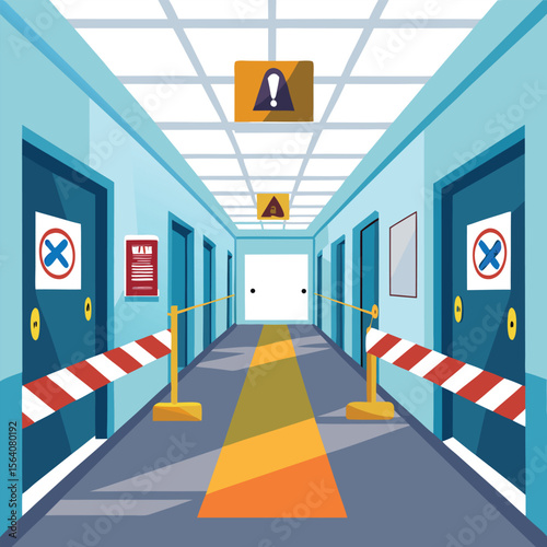 Hospital hallway with isolation signs and caution tape, COVID safety protocol, isolated on white background