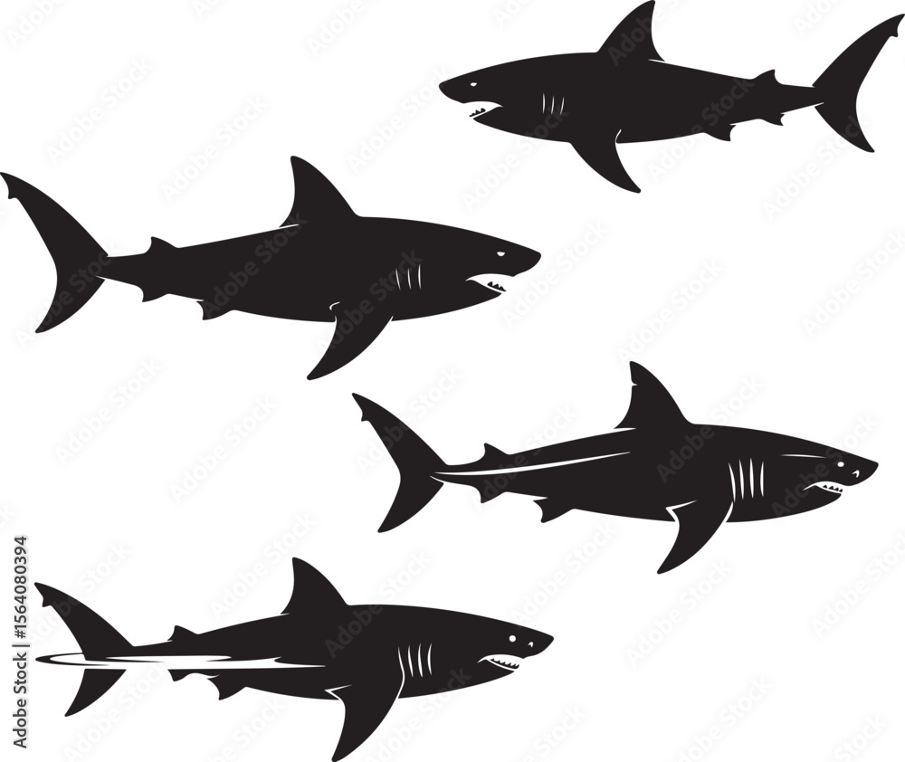 Fototapeta premium Four black shark silhouettes swimming in different directions on a white background