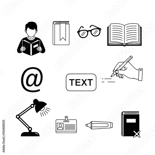 A collection of reading and writing icons including a book, glasses, pen, email symbol, lamp, and id card isolated on white background