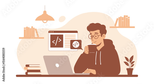Developer Enjoying Coffee Break While Working On Code At Home Concept