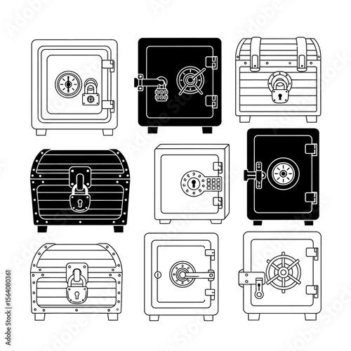 Icons of safes and treasure chests represent security, protection, and wealth, isolated on a white background
