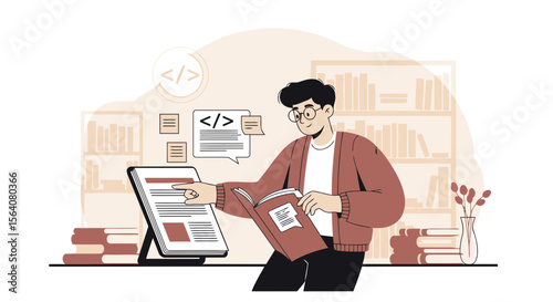 Developer Analyzing Code Displayed on Tablet and Book for Bug Fixing Process